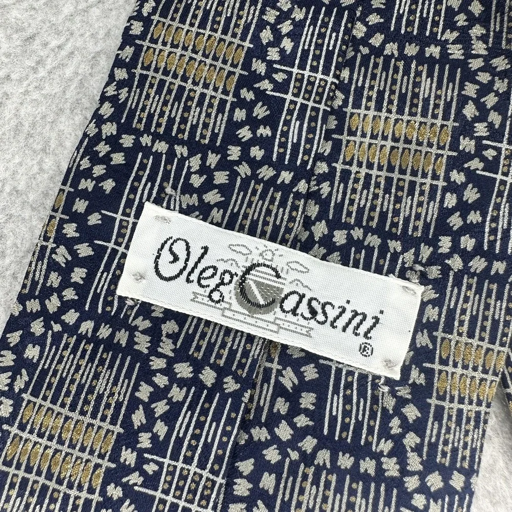 Oleg Cassini Tie Mens‎ One Size Navy Gold Geometric Italian Fabric Made in USA